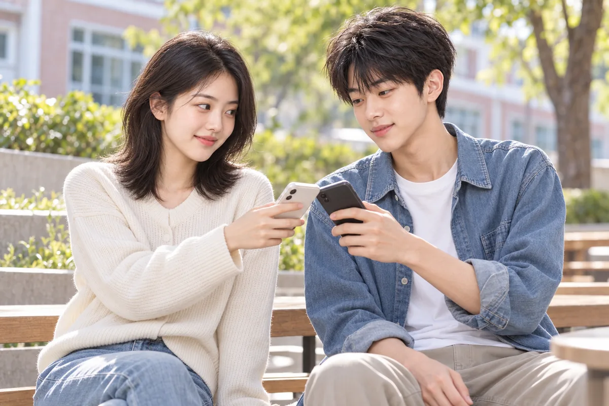 스마트폰을 맞대고 웃는 두 청소년