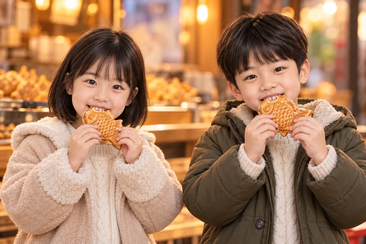붕어빵을 먹으며 웃는 두 아이