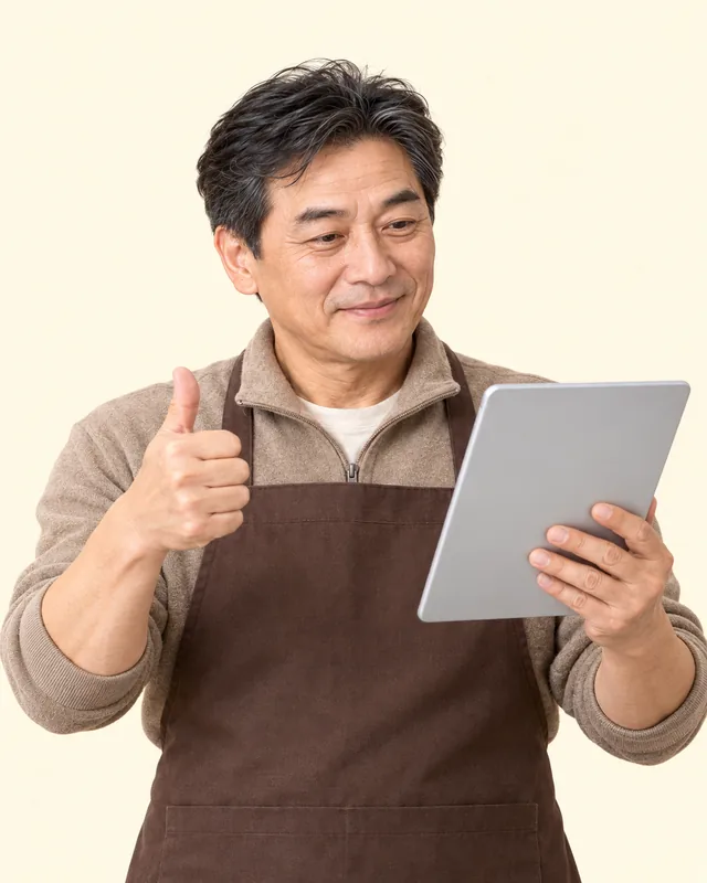 태블릿을 보며 감탄하는 붕어빵 가게 사장님