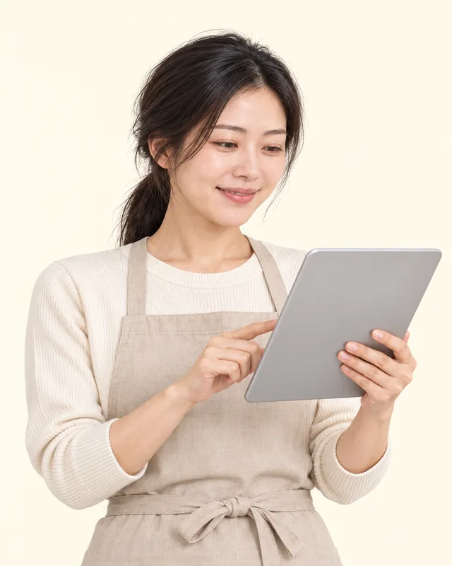 태블릿을 보며 안심하는 샌드위치 가게 사장님